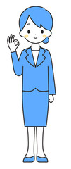 青色｜OKマークのスーツの女性｜全身