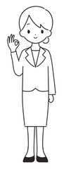 モノクロ｜OKマークのスーツの女性｜全身