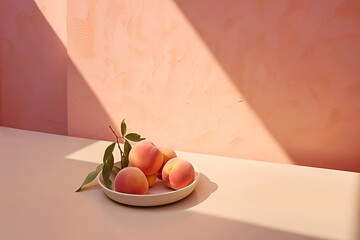Ripe peaches basking in sunlight on a white plate, set against a pastel pink wall casting soft shadows. The scene is captured in a warm color palette. - 702540261