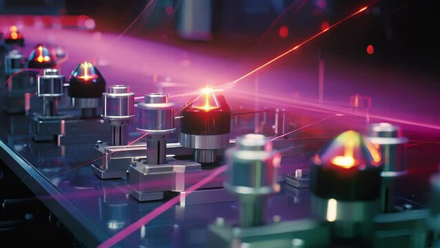 A highspeed of a laser beam being split and redirected by a series of mirrors, demonstrating the precise control of photons in optical technology.