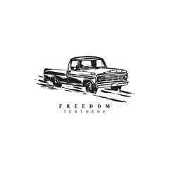 Vintage old hand drawn pickup truck logo design isolated on white background