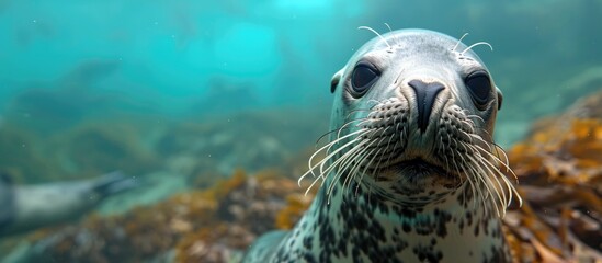 Fototapeta premium A cute seal off Southern California's Channel Islands surfaces and gazes at my camera.