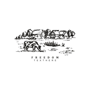 Vintage retro hand drawn farmland field logo design with cow vector illustration