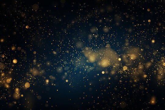 abstract blue and gold background with particles. golden dust light sparkle and star shape on dark endless space wallpaper. Christmas, new year's eve, cosmos theme. Shiny fantasy galaxy concept