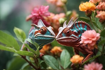 Chameleon on flower background, Chamaeleo calyptratus - obrazy, fototapety, plakaty