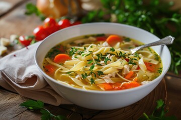Chicken noodle soup in white bowl on wooden table.