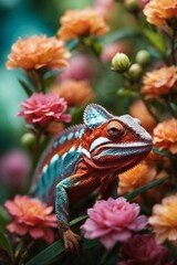 Obraz premium Chameleon on flower background, Chamaeleo calyptratus