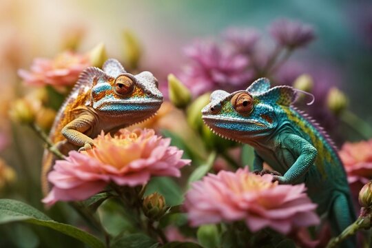 Chameleon on flower background, Chamaeleo calyptratus