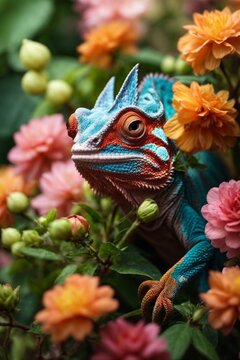 Chameleon on flower background, Chamaeleo calyptratus