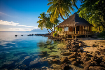 Idyllic tropical beach with a thatched hut, palm trees, and clear blue water, perfect for vacation and relaxation concepts