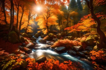An enchanting forest landscape with vibrant autumn foliage, sunlight filtering through the leaves,