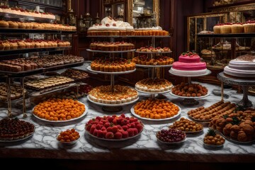 A 16K resolution snapshot of a dessert buffet featuring scan lines and ambient occlusion effects, creating a super-detailed and dynamic pose with a hyper-maximalist touch