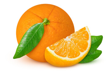 Oranges on an isolated white background. Whole, slice and green leaves