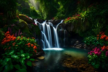 A magical waterfall surrounded by lush greenery and colorful flowers, captured in full ultra HD resolution with cinematic photography