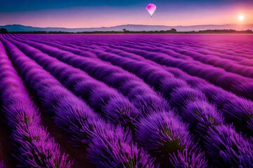 A vast lavender field under a cotton candy sky, captured in 16K ultra HD resolution with dreamlike...