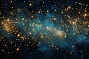 Fototapeta premium abstract blue and gold background with particles. golden dust light sparkle and star shape on dark endless space wallpaper. Christmas, new year's eve, cosmos theme. Shiny fantasy galaxy concept