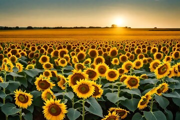 A vast field of vibrant, blooming sunflowers stretching towards the horizon, with a clear blue sky overhead.