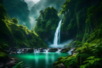 A majestic waterfall cascading down a lush green mountainside, surrounded by mist and vibrant foliage.