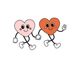 Vector groovy retro cartoon couple of hearts isolated on white background