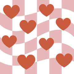 Vector seamless pattern of hearts on groovy retro chessboard background
