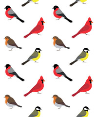 Vector seamless pattern of flat small birds isolated on white background