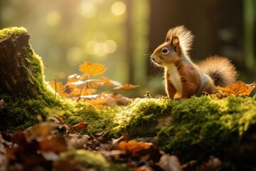 Cute forest squirrel in spring - obrazy, fototapety, plakaty