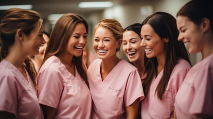 Happy female nurses in pink uniforms