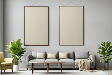 Interior of a living room with a sofa and blank mockup poster frames