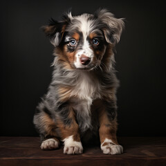 small puppy Aussie dog in a dark room