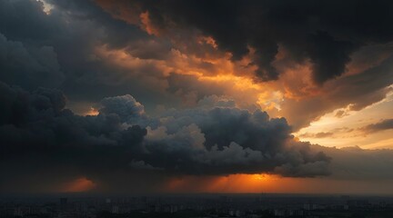 Ominous dark heavy rain clouds over the city