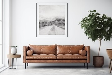 Leather couch in a modern living room with a framed black and white photo of a road in the mountains above it - obrazy, fototapety, plakaty