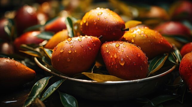 delicious fresh mangoes fruits with black and blur background