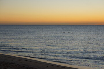 Fototapeta premium Beach and ocean just before sunrise, sky turning bright