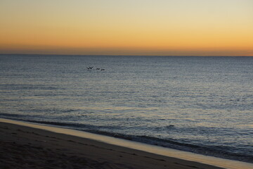 Beach and ocean just before sunrise, sky turning bright