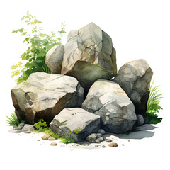 屋外の巨岩の水彩イラスト　白背景