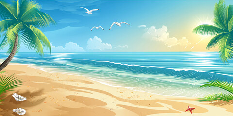Fototapeta na wymiar Schöne grafische Zeichnung mit Sonne Strand und Meer in fantastischen hellen Farben Querformt für Banner, ai generativ