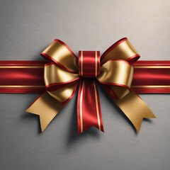 Red ribbon and bow with gold isolated against light gray background