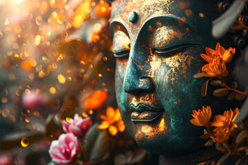 glowing jade bronze Buddha face with colorful flowers, nature background