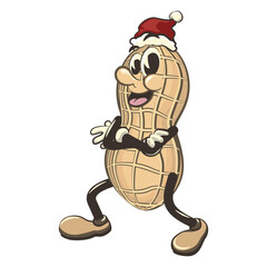 vector illustration of vintage cute peanut mascot character wearing a Santa hat while folding his arms