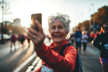 senior woman taking selfie while running in Marathon - obrazy, fototapety, plakaty