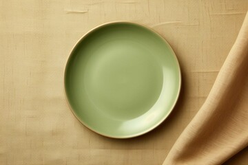 Empty beige plate with green napkin. Beige linen background. Top view, flat lay, copy space.: