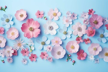 Flat lay creative illustration concept of fresh field Spring flowers on pastel blue background. Beautiful pink bloomed flowers