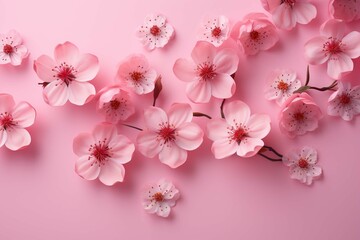 Flower blossom pattern on pink background. Top view: