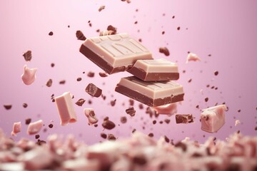Flying in the air broken bar of milk chocolate with nuts and flakes on pastel pink background. Chocolate pieces levitation concept. Wide banner.