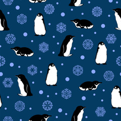 Obraz premium penguins, snowflakes. vector seamless pattern. black white blue winter repetitive background. fabric swatch. wrapping paper. textile design template