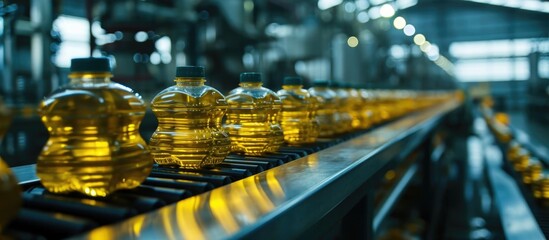 Naklejka premium Industrial vegetable oil production and filled bottles being transported on conveyor.