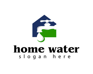 home water logo design template  faucet with a drop of water with a house background