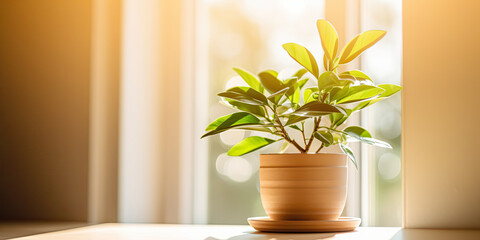 a green plant sits on a window sill, in the style of focus stacking, bright luster, generative AI