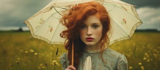 Old-style colored photo of a redhead girl standing in a windy meadow with an umbrella.