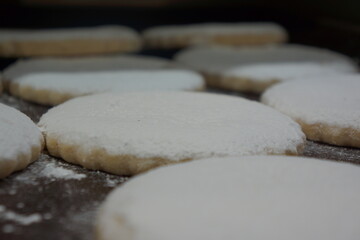 Flat Spanish polvorones with white powder, in tray, macro, well lit